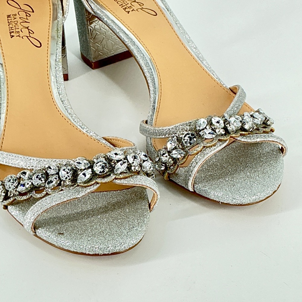 Jewel Badgley Mischka Size 7 Silver Glitter Sparkly Rhinestone Heels Sandals - Picture 14 of 15